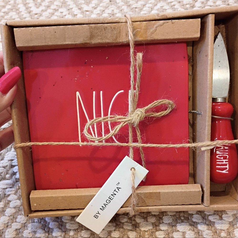 RAE DUNN NAUGHTY/NICE CERAMIC CHEESE PLATE AND SPREADER NIB